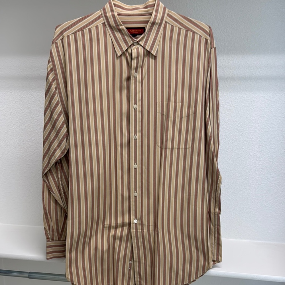 Austin Reed Mens XL Long Sleeve Button Down Tan Orange Stripe 100 % Cotton Shirt
